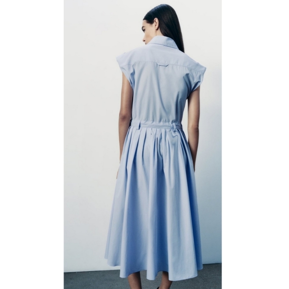 Zara  Poplin Sleeveless Collared Shirt Midi Dress Blue - Picture 16 of 16